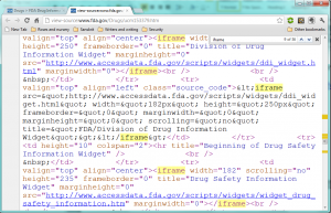 Source code sample showing IFRAME use on fda.gov